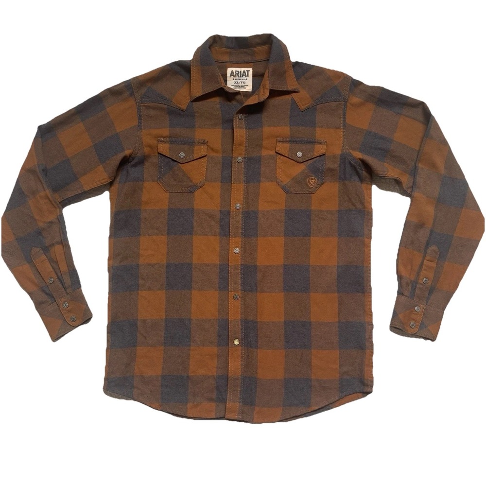 Ariat‎ Boys XL Brown Gray Retro Fit Plaid Button Down Shirt Pearl Snap Western